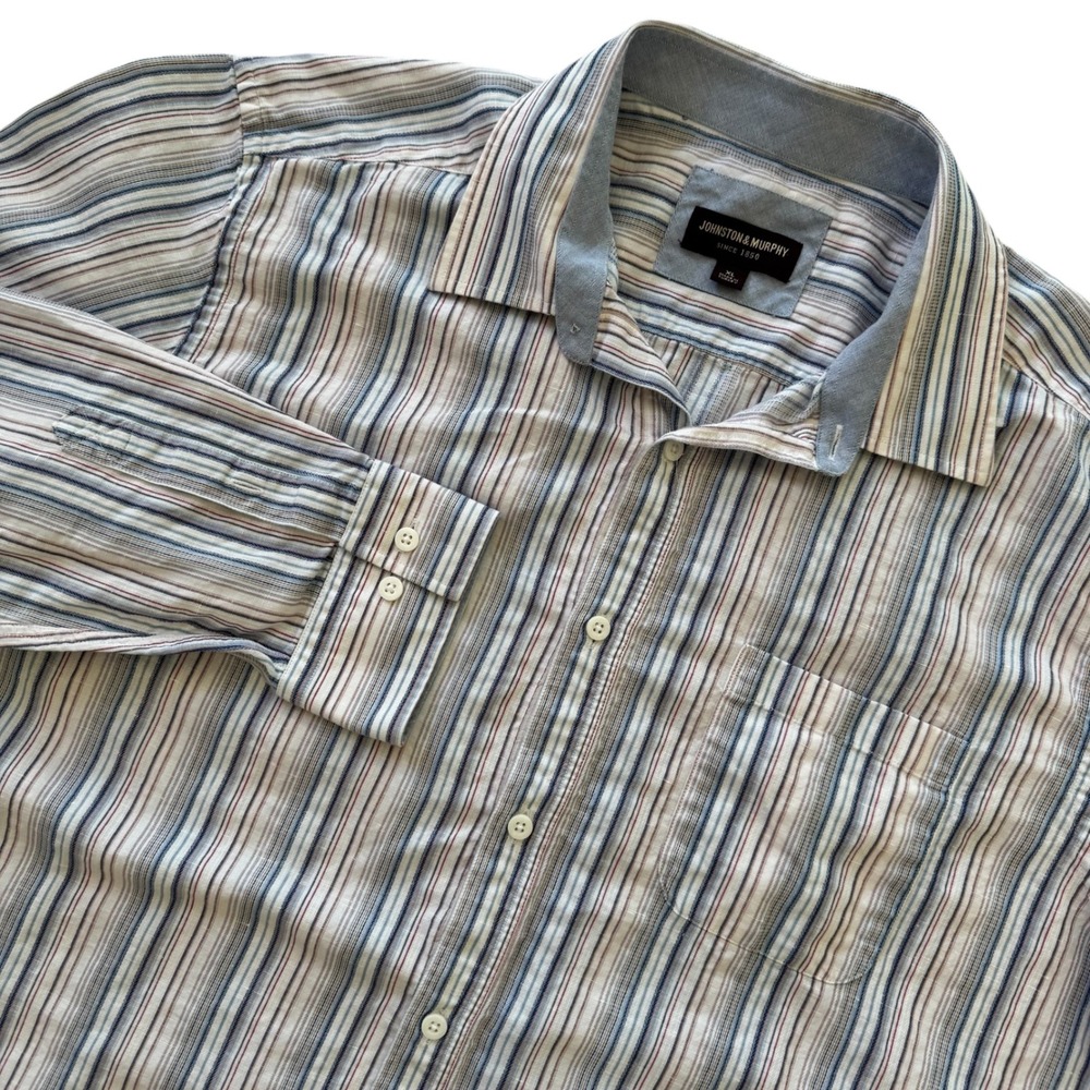 Johnston & Murphy XL Blue Striped Linen Blend L/S Button Up Men's‎ Dress Shirt
